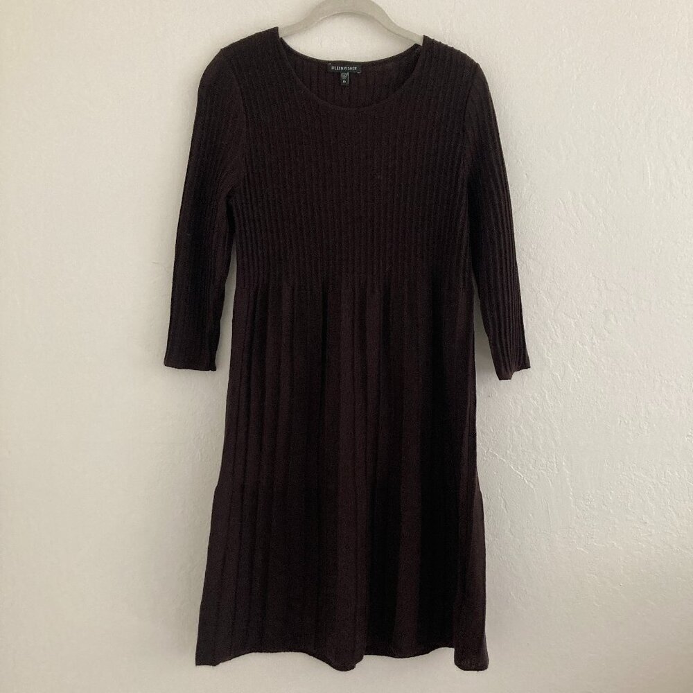Eileen Fisher 100% Wool Brown Long Sleeve Fit & Flare Dress Minimalist Preppy XS